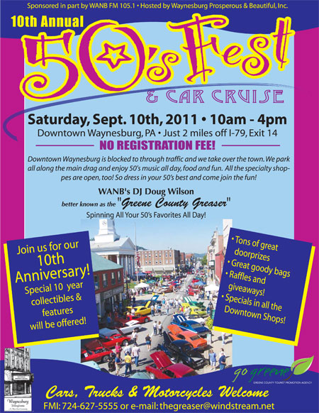 The 10th Annual 50's Fest Car Cruise will be held on Saturday Sept